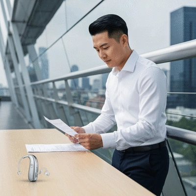 Person reviewing financial documents and a modern hearing aid on a desk