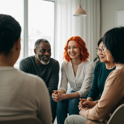 Support group members sitting in a circle, engaged in conversation