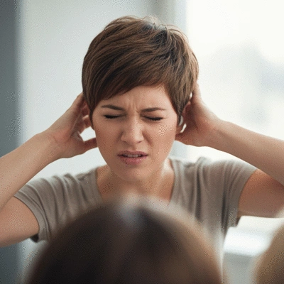 Person struggling to hear in a noisy environment, illustrating communication challenges for hearing loss.