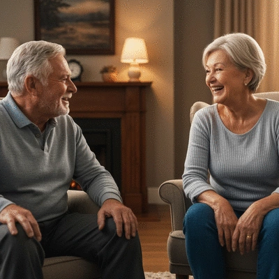 Happy senior couple conversing in a lively home setting, emphasizing improved communication