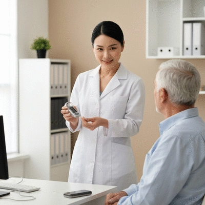 Audiologist consulting with a patient in a modern, clean office, showing a hearing aid device