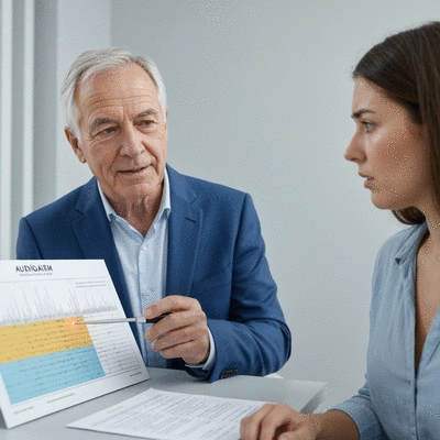 Audiologist explaining audiogram results to a patient, highlighting key findings