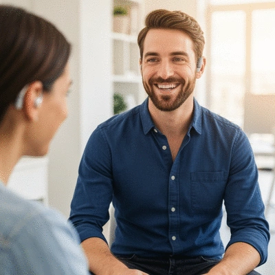 Person wearing a modern hearing aid, smiling and engaging in conversation
