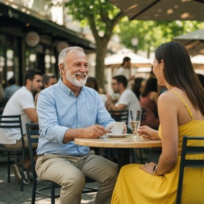 Person smiling, wearing a discreet hearing aid, enjoying a conversation in a moderately busy outdoor cafe setting, focus on natural interaction, no text, no words, no typography, 8K, lifestyle photography