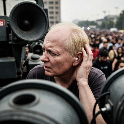 Person struggling to hear in a noisy environment, showing signs of hearing loss