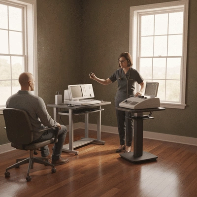Communication specialist conducting a hearing assessment with a patient